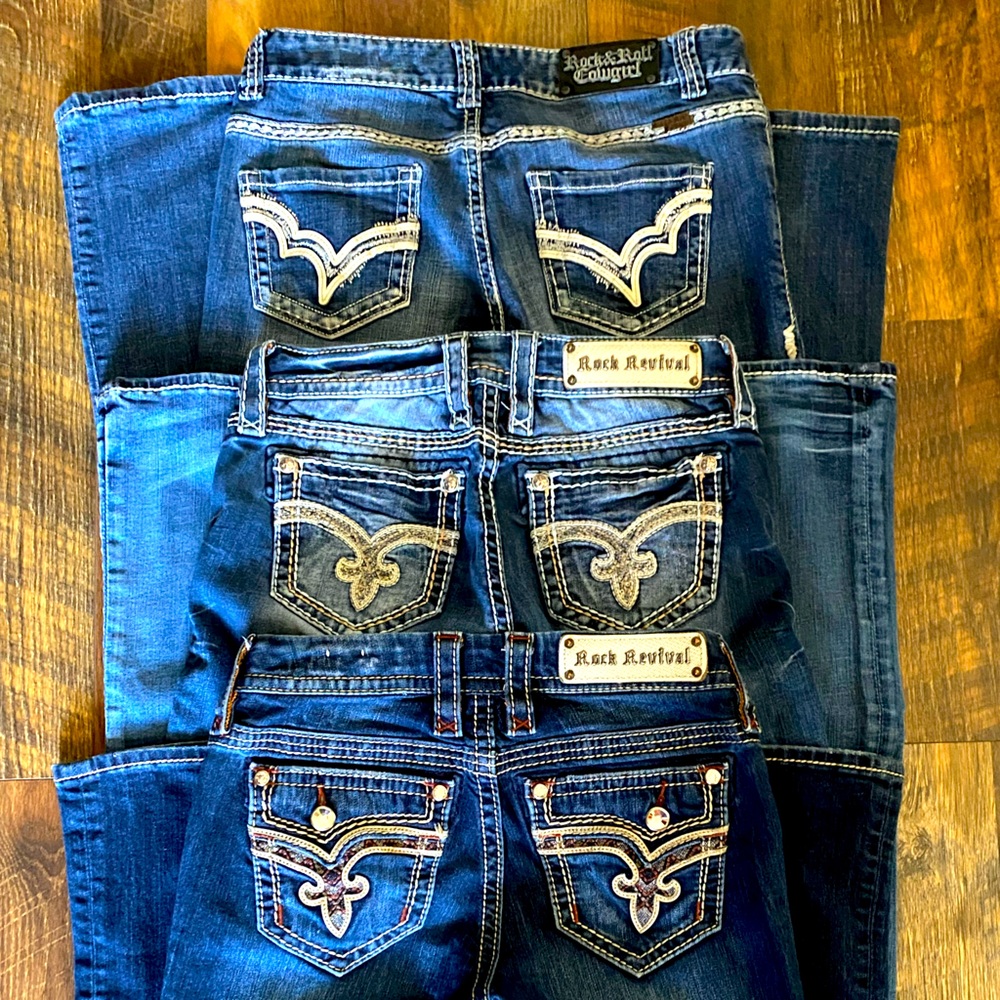 Women’s Designer jean lot 2 pair rock revival and 1 Rock and roll cowgirl.